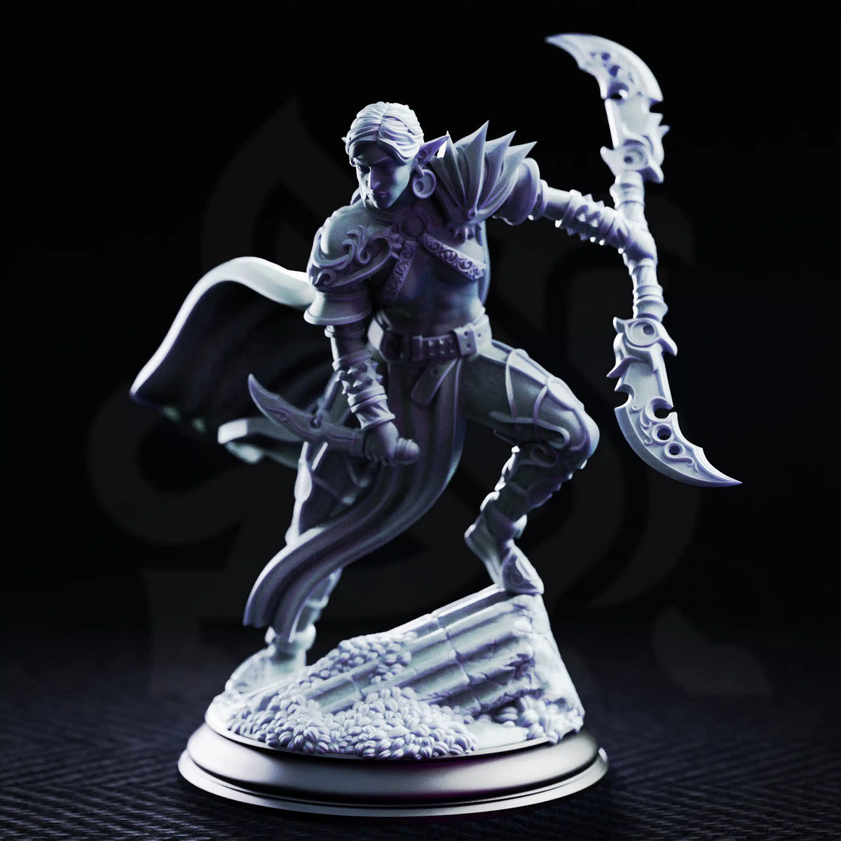 Front view of Ilyara Deri Drow rogue resin miniature wielding two curved weapons while balancing above a foliage-covered ruin