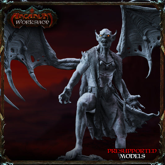 Large resin vampire miniature with wings extended, gothic undead design, shown in multiple angles and display views