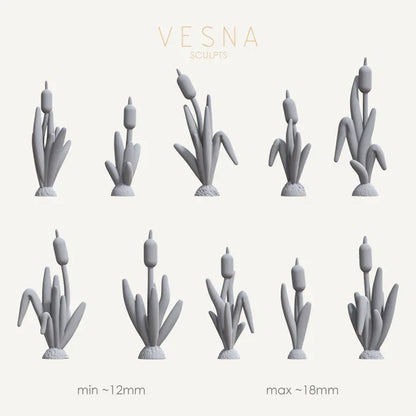 Set of miniature cattail plants for tabletop terrain. Sizes range from 12mm to 18mm. Ideal for swamp or marsh diorama scenery.