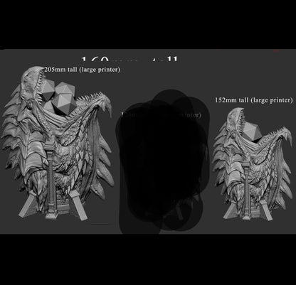 3D printed dragon dice tower with open mouth and wing detail, available in 205mm and 152mm sizes for large printers. Holds standard D20 dice.