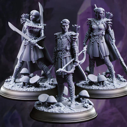 A set of three resin miniature figures depicting elite drow soldiers in detailed armor, holding swords, shields, and bows, positioned on a base with mushrooms.