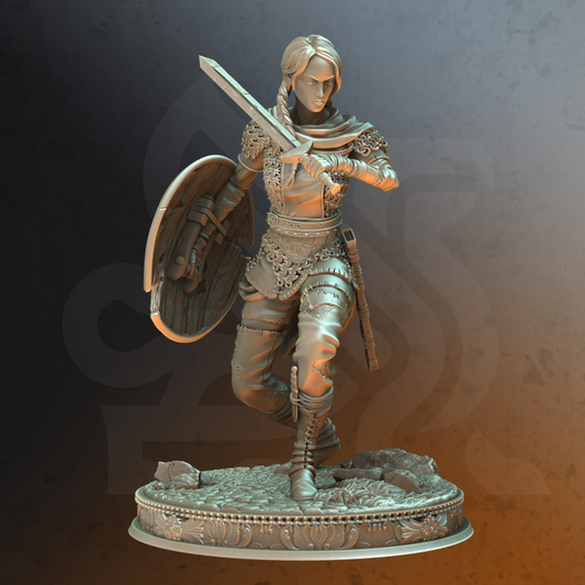 Freya shieldmaiden miniature by DM Stash, 32mm or 75mm resin hero figure for fantasy TTRPGs, RPG campaigns, or collector display.