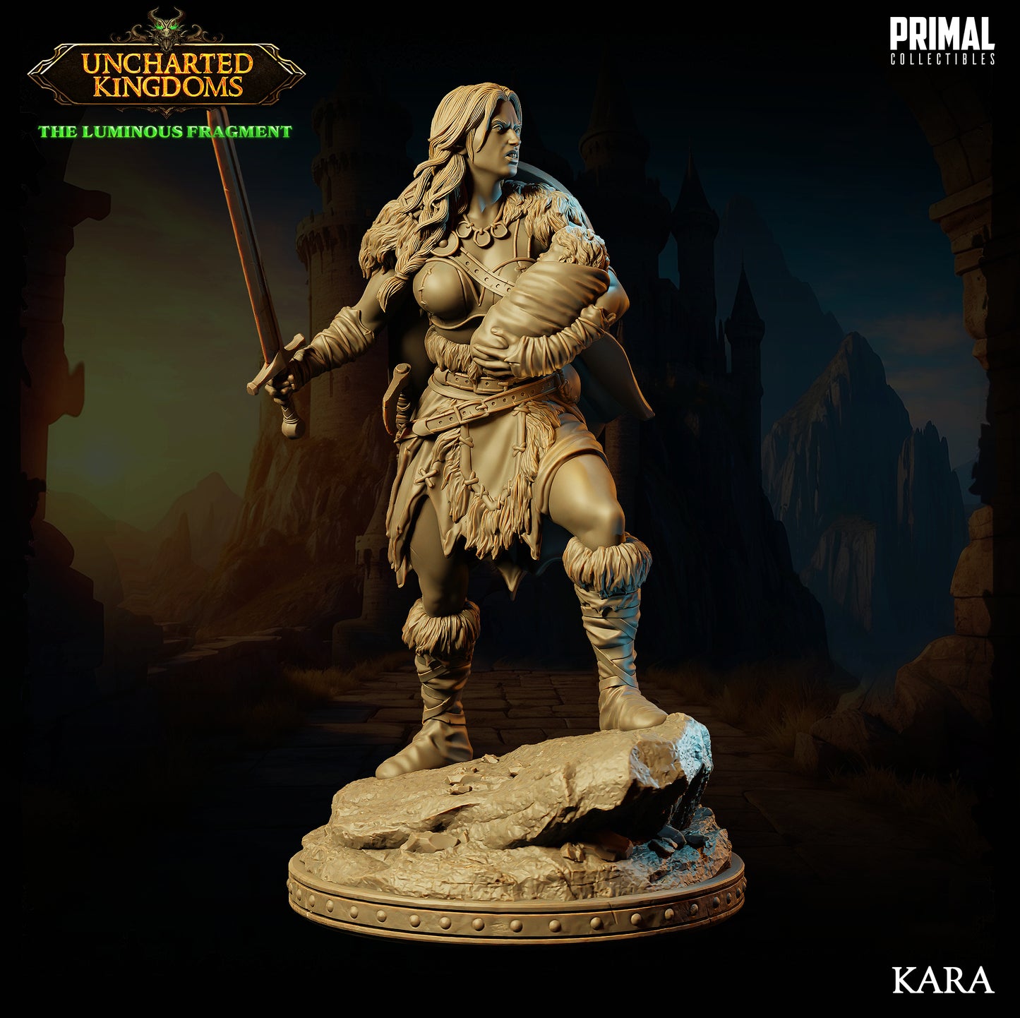 Resin miniatures of Kara and Fegur, barbarian champions available in 32mm and 75mm scales for TTRPGs and collectors.