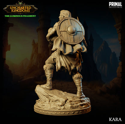 Resin miniatures of Kara and Fegur, barbarian champions available in 32mm and 75mm scales for TTRPGs and collectors.