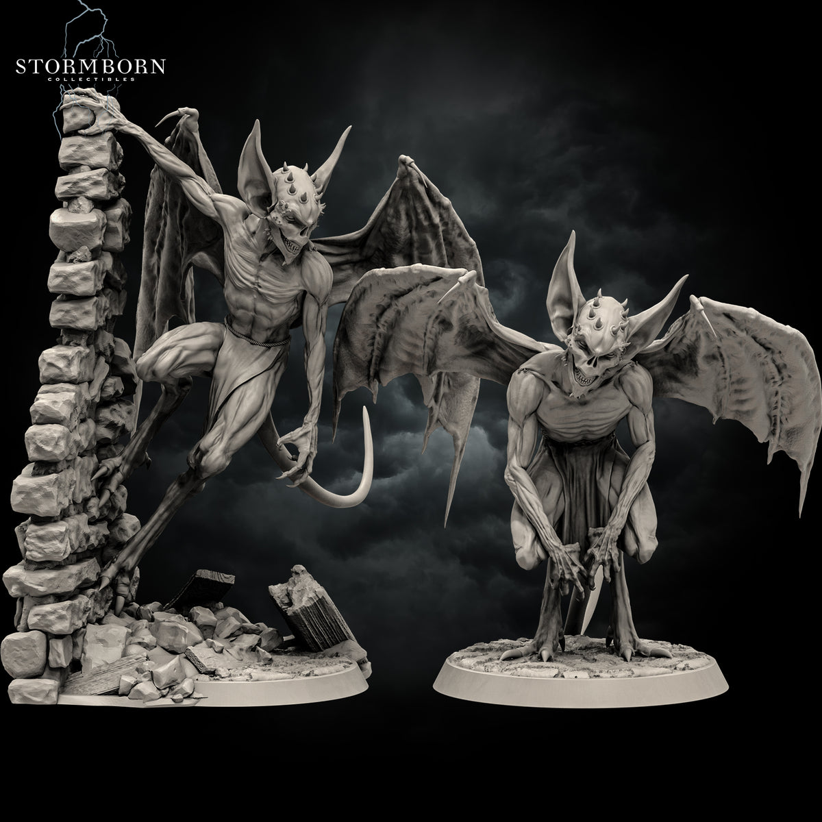 Front view render of two imp miniatures showing the wall-climbing pose on the left and crouching pose on the right by Stormborn Collectibles.