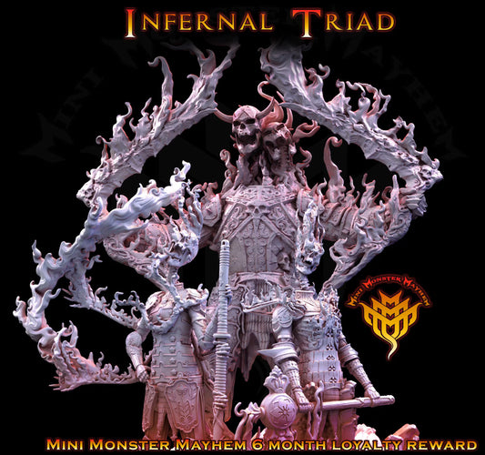 Infernal Triad demon trio with a towering central horned figure, flaming blade-like forms, and two smaller armored figures.