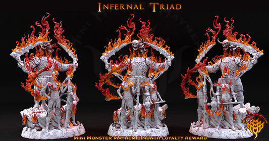 Three views of the Infernal Triad showing sculpted flames surrounding the central fiend and two smaller infernal figures.