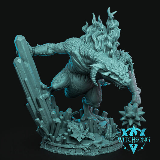 Dynamic pose of Infernis, a huge bipedal inferno dragon miniature by Witchsong Miniatures, with fiery mane, spiked mace, and crystal volcanic base.