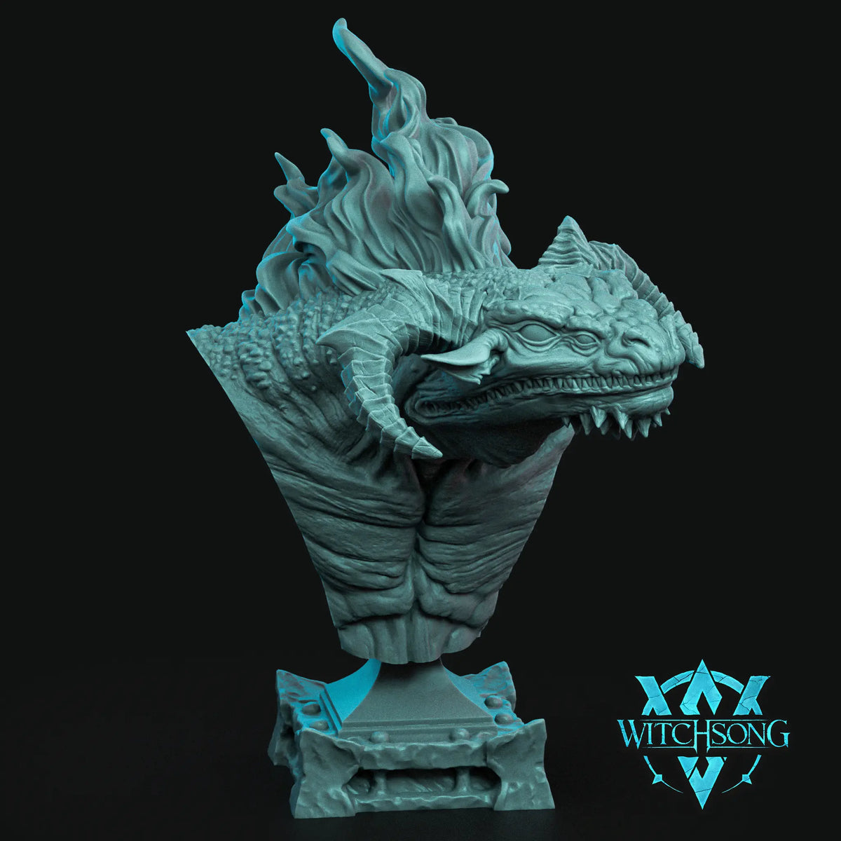 Dramatic bust of Infernis, the huge inferno dragon by Witchsong Miniatures, showcasing fiery mane, detailed scales, and fierce dragon head.