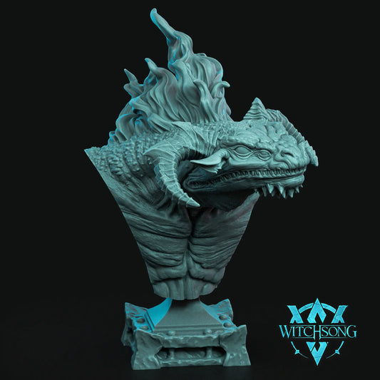 Dramatic bust of Infernis, the huge inferno dragon by Witchsong Miniatures, showcasing fiery mane, detailed scales, and fierce dragon head.