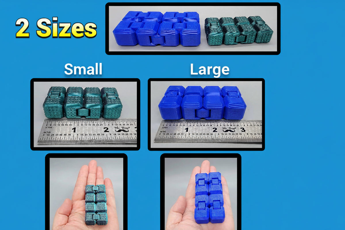 Small and large Infinity Fidget Cubes shown with ruler and hand size comparisons
