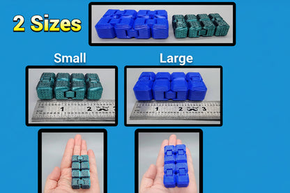 Small and large Infinity Fidget Cubes shown with ruler and hand size comparisons