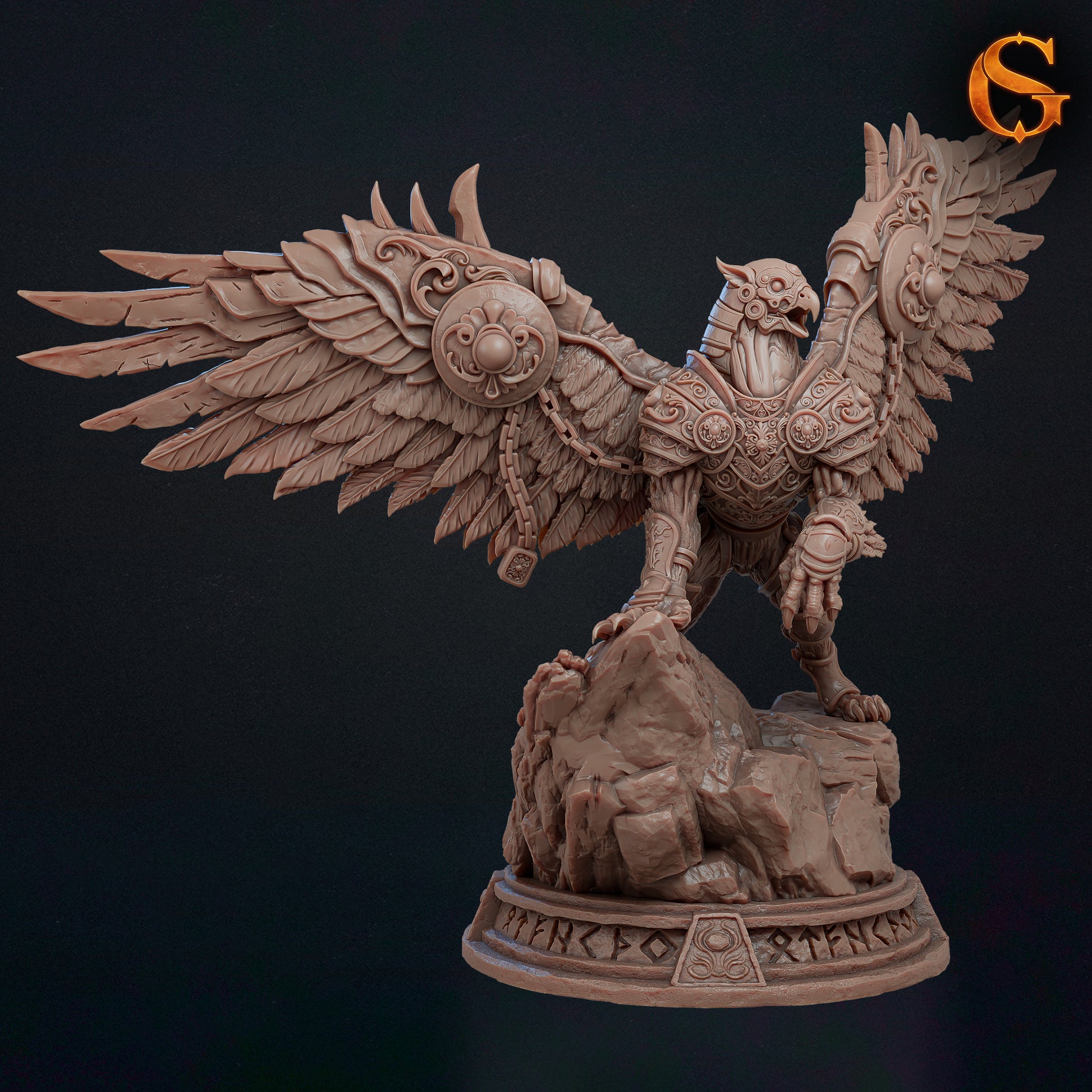 Profile render view of the unpainted resin Ironwing the Guardian gryphon showing detailed feathers and runic plate armor.