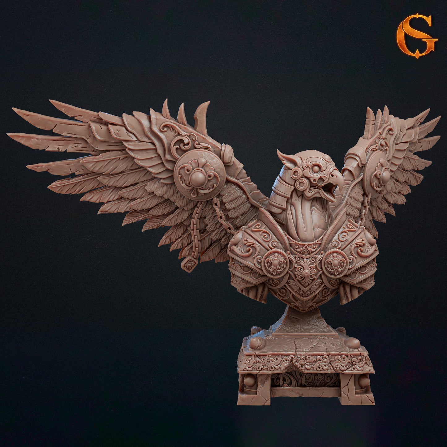 Front render of the Ironwing the Guardian collector's bust showcasing the armored upper torso and head on an ornate square pillar base.