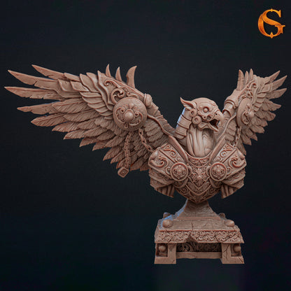 Front render of the Ironwing the Guardian collector's bust showcasing the armored upper torso and head on an ornate square pillar base.