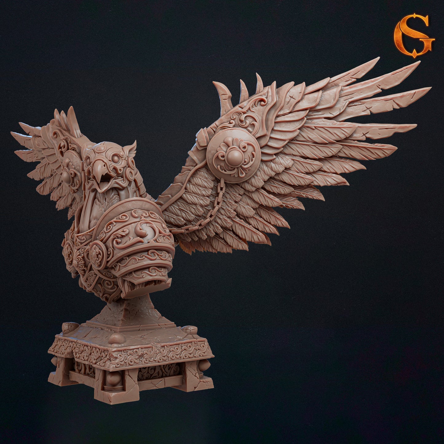 Profile render view of the unpainted resin Ironwing the Guardian display bust showcasing the intricate feathers and heavy armor plates from the side.