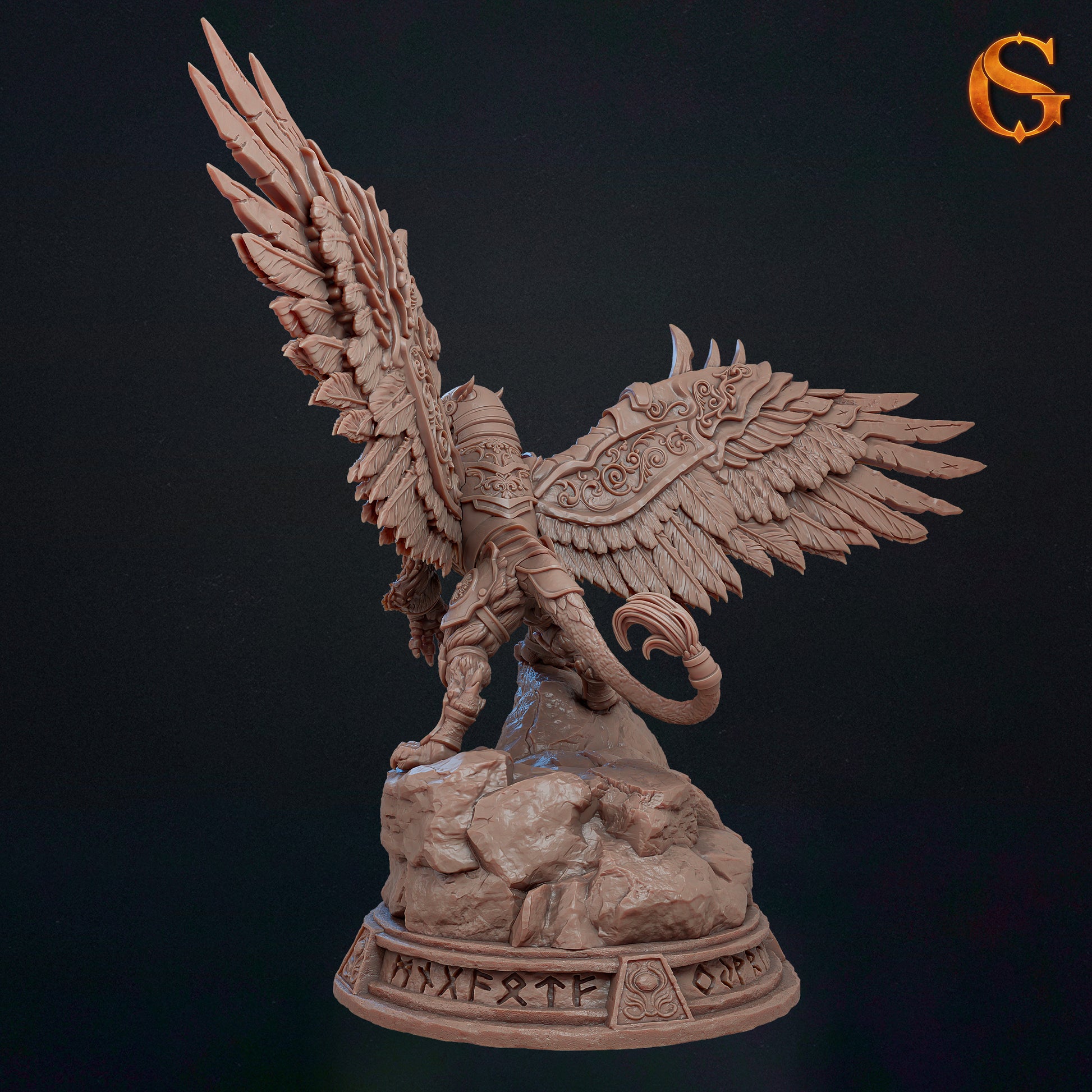 Rear render view of Ironwing the Guardian miniature showing the back spine armor, wing joints, and tufted tail.