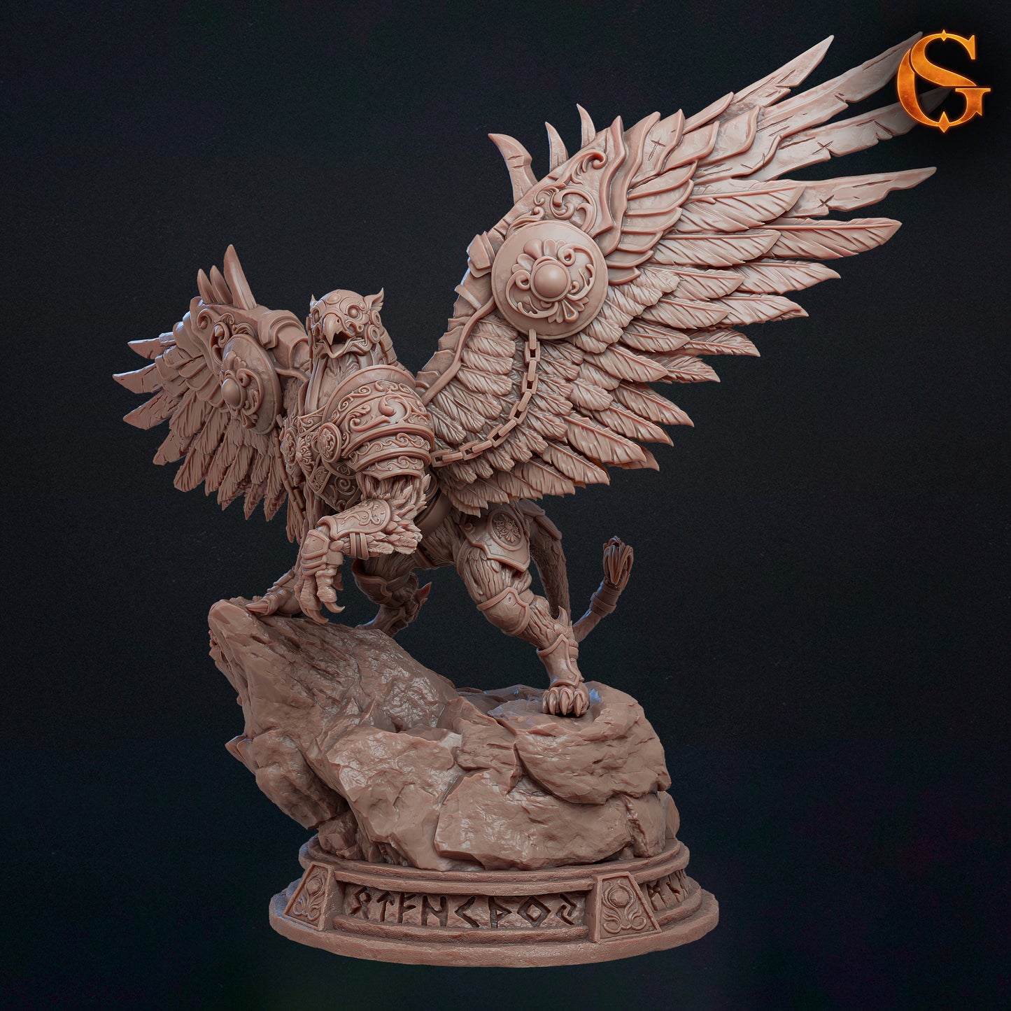 Front 3/4 render view of the unpainted resin Ironwing the Guardian armored gryphon miniature perched on a runic stone base.