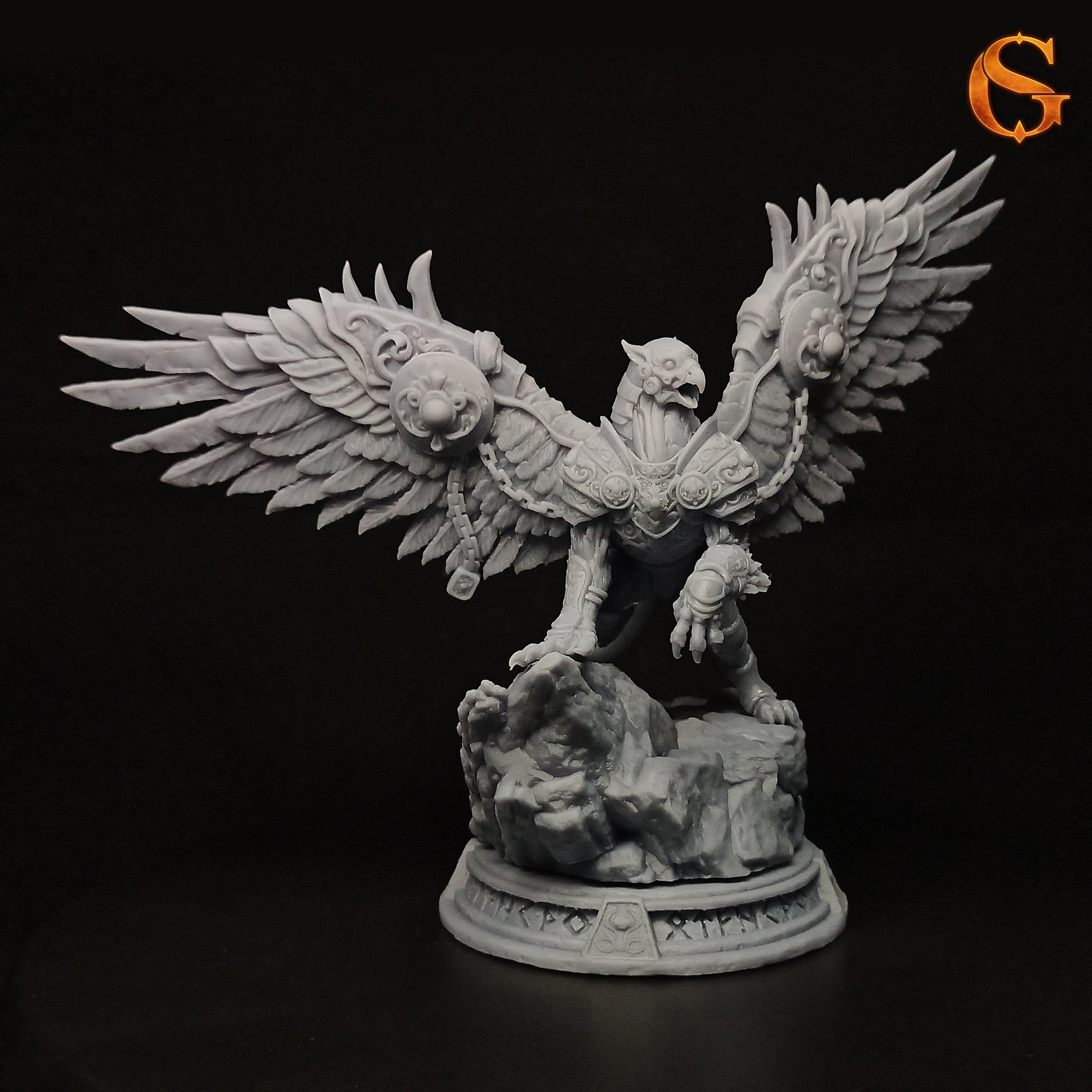 Photo of the physical grey resin 3D printed Ironwing the Guardian miniature assembled on its runic stone display base.