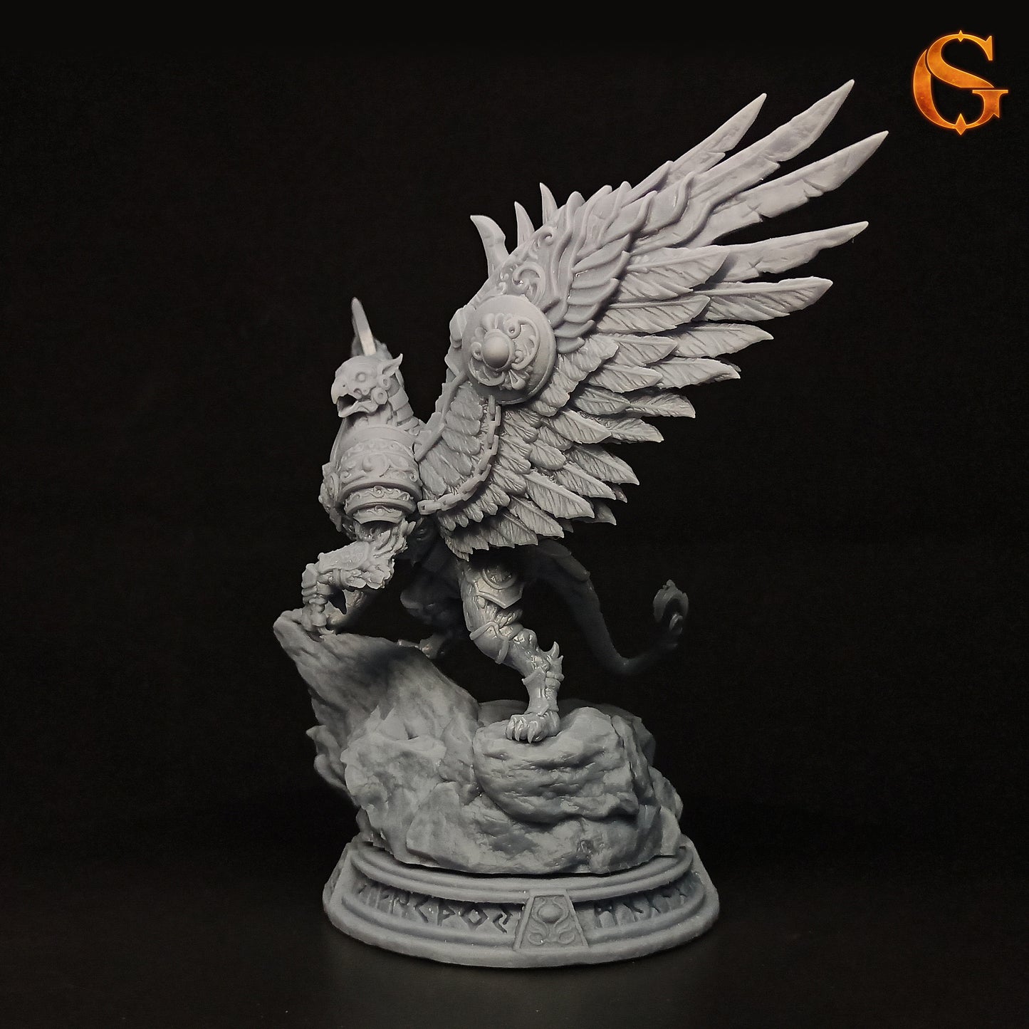Side photo view of the physical grey resin 3D print of the Ironwing gryphon showing the dramatic wing span.