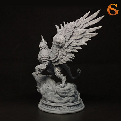 Side photo view of the physical grey resin 3D print of the Ironwing gryphon showing the dramatic wing span.