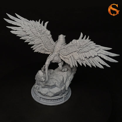 Top-down rear photo of the grey resin Ironwing the Guardian model highlighting the expansive feathered wingspan.