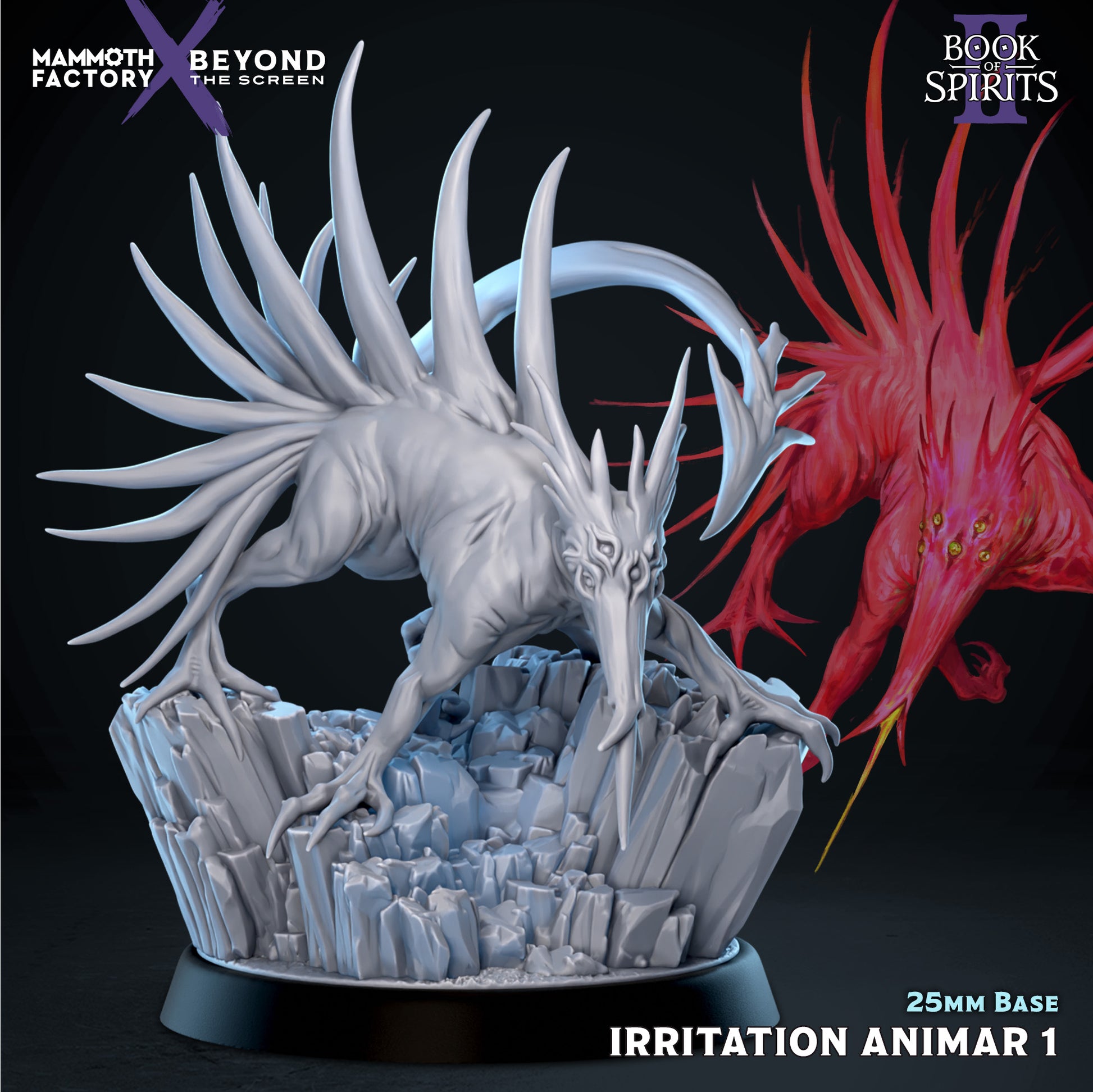 Animar 32mm scale resin miniature by Mammoth Factory in Pose 1 low-stalking forward on a jagged rocky base with its quills flared back.