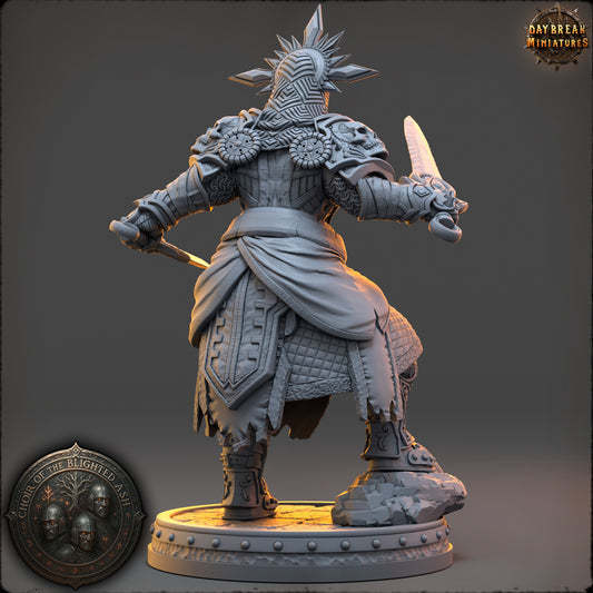Rear view of Isolde Kareth Human Paladin miniature showing heavy armor and layered equipment.