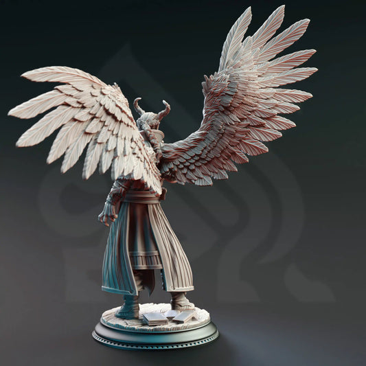 Rear render view of the Istar the Redeemer miniature highlighting the detailed feather patterns on the back of his wings and braided hair.