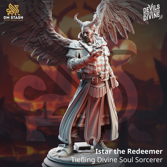 Main render view of the unpainted resin Istar the Redeemer Tiefling Divine Soul Sorcerer miniature with large feathered wings and spell casting pose.