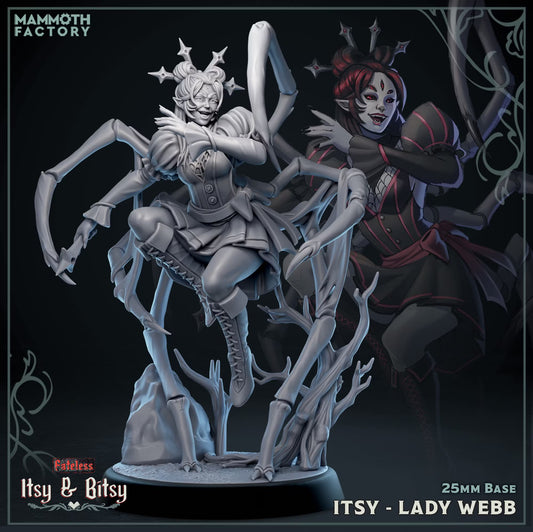 Itsy Lady Webb Medium Humanoid Webling miniature with multiple spider limbs posed among twisted forest branches.