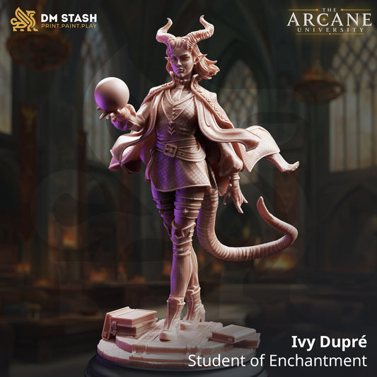 A 3D-rendered fantasy tiefling female wizard resin miniature named Ivy Dupré by DM Stash. The horned sorceress holds a levitating crystal ball focus while walking over scattered books.