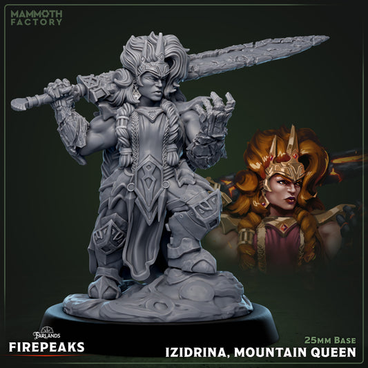 Izidrina Mountain Queen Dwarf Barbarian miniature wielding a massive two-handed sword on a rocky scenic base