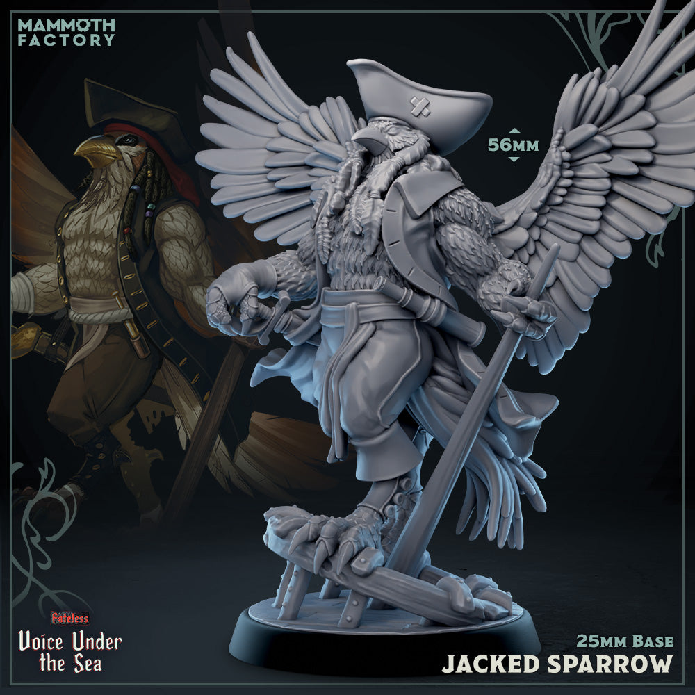 Jacked Sparrow Aarakocra pirate miniature in 32mm scale with feathered wings, tricorn hat, and curved sword.