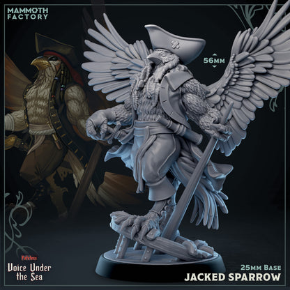 Jacked Sparrow Aarakocra pirate miniature in 32mm scale with feathered wings, tricorn hat, and curved sword.