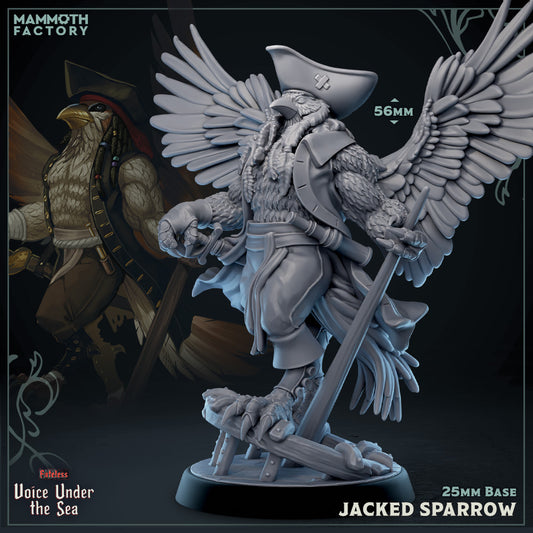Jacked Sparrow Aarakocra pirate miniature in 32mm scale with feathered wings, tricorn hat, and curved sword.
