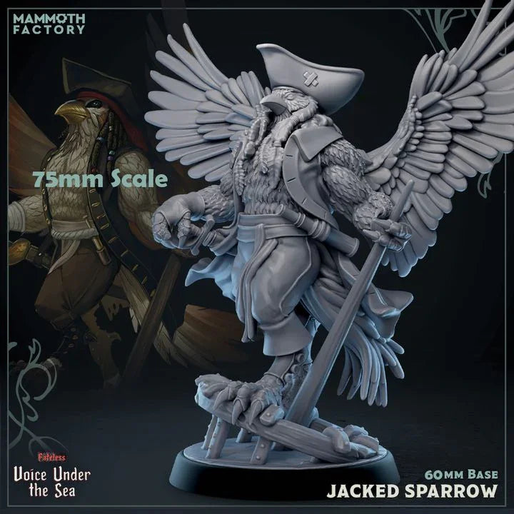 Jacked Sparrow Aarakocra pirate miniature in 75mm scale with large wings, tricorn hat, and curved sword on a 60mm base.