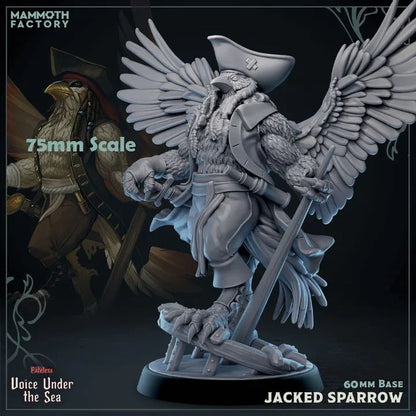 Jacked Sparrow Aarakocra pirate miniature in 75mm scale with large wings, tricorn hat, and curved sword on a 60mm base.