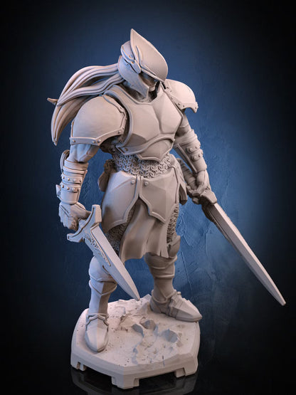 Jarred armored Human Fighter shown in painted and unpainted renders with a sword and dagger on a scenic base.