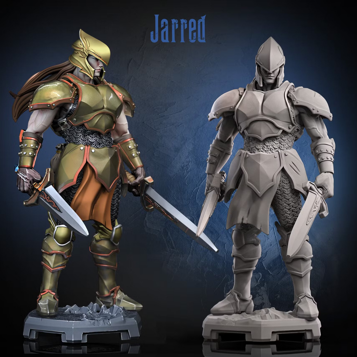 Jarred Human Fighter in heavy armor holding a long sword and dagger while standing on a rocky hexagonal base.