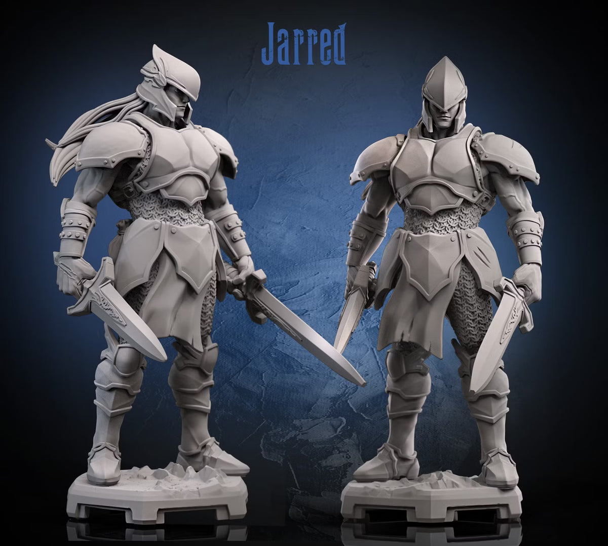 Two front views of Jarred wearing layered heavy armor and carrying a long sword and short dagger.