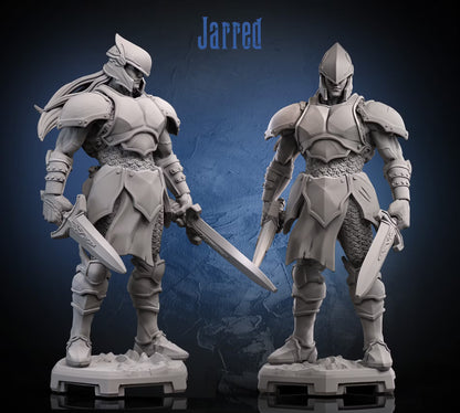 Two front views of Jarred wearing layered heavy armor and carrying a long sword and short dagger.