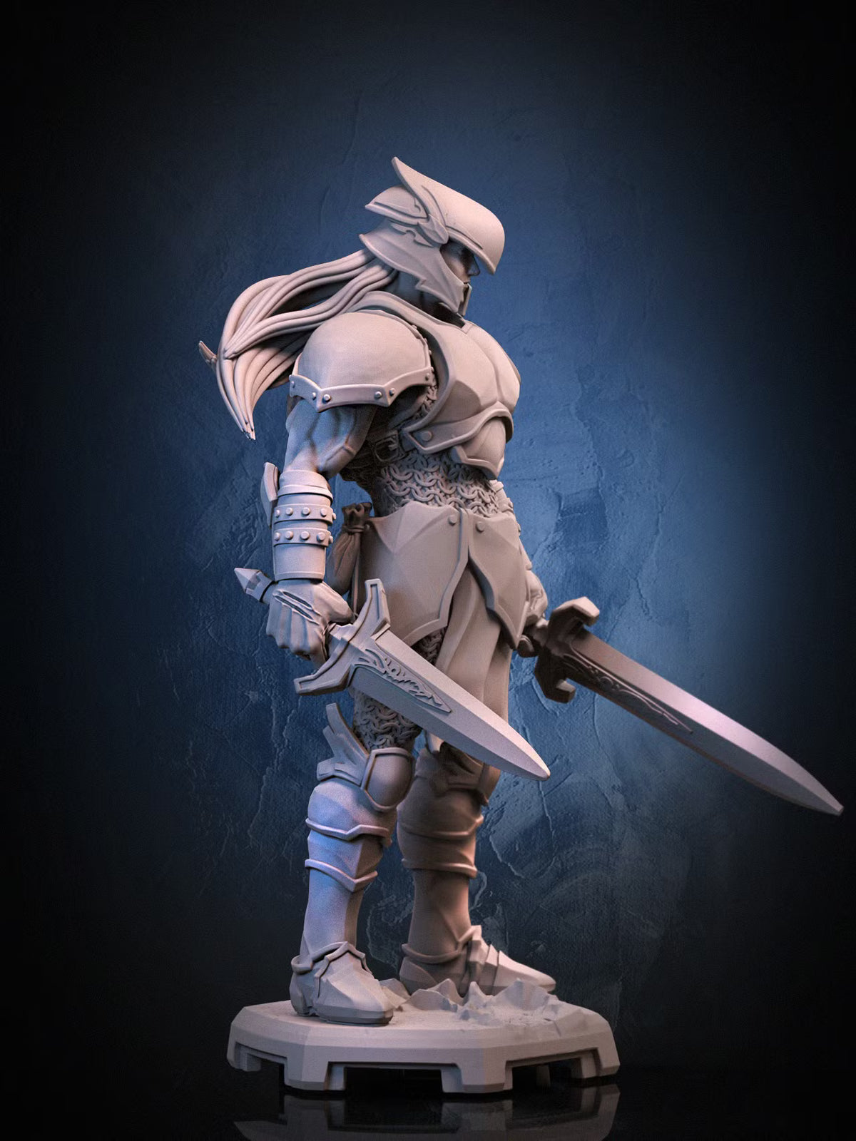 Side view of Jarred Human Fighter showing her angular helmet, layered armor, long hair, sword, dagger, and rocky base.