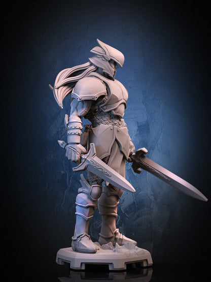 Side view of Jarred Human Fighter showing her angular helmet, layered armor, long hair, sword, dagger, and rocky base.