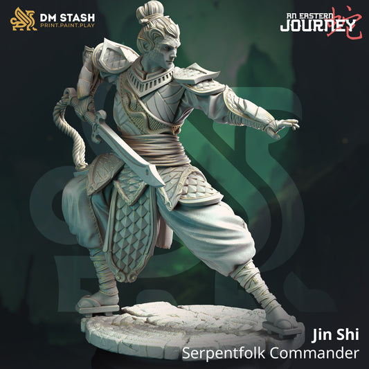 Front view render of Jin Shi Serpentfolk Commander in low martial stance with single edged blade drawn.