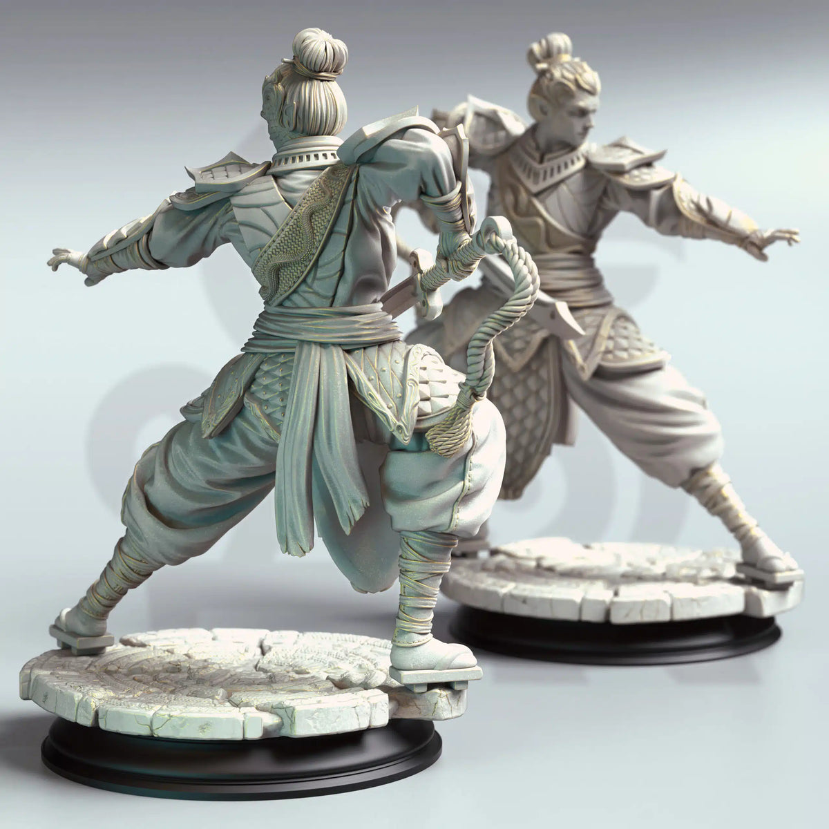 Rear view showing back scale armor plating, topknot hair style, and coiled whip of Jin Shi serpentfolk commander