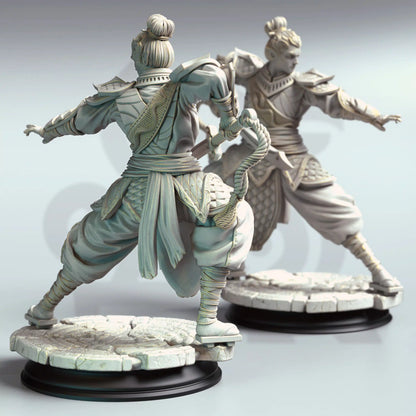 Rear view showing back scale armor plating, topknot hair style, and coiled whip of Jin Shi serpentfolk commander