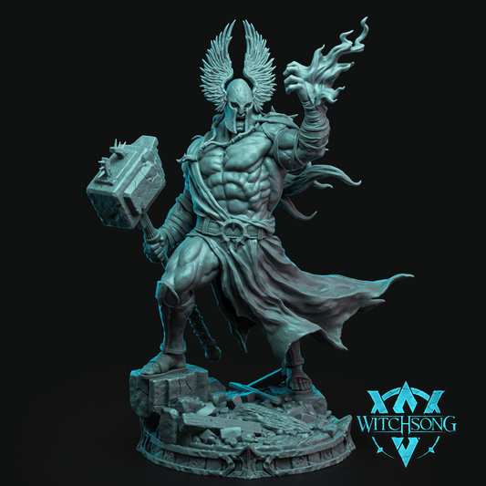 Judge, Maker of Fates Huge Celestial miniature wielding a massive hammer with magical energy rising from his outstretched hand.