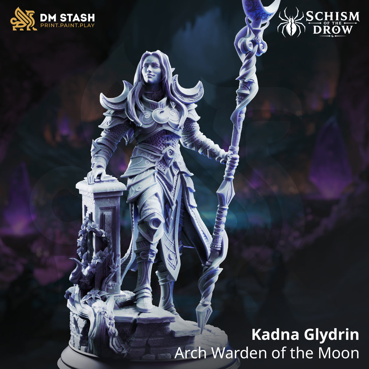 Kadna Glydrin Drow sorcerer miniature holding a crescent-topped staff beside an overgrown stone pillar and ruined scenic base