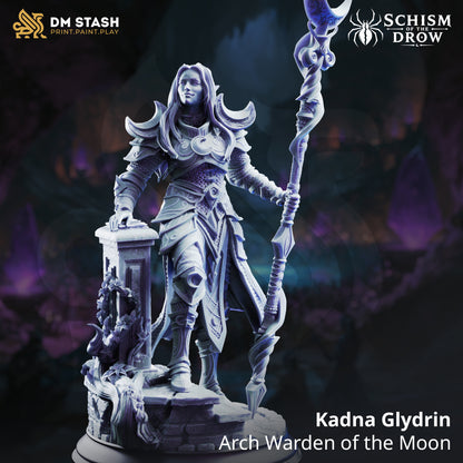 Kadna Glydrin Drow sorcerer miniature holding a crescent-topped staff beside an overgrown stone pillar and ruined scenic base